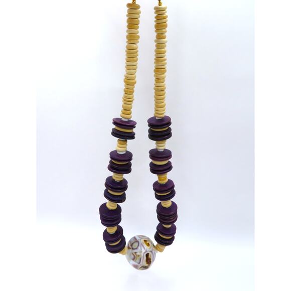 Vintage Boho Wood Bead Necklace w/ Mosaic Focal Bead Purple & Beige Tribal Style - Picture 6 of 11